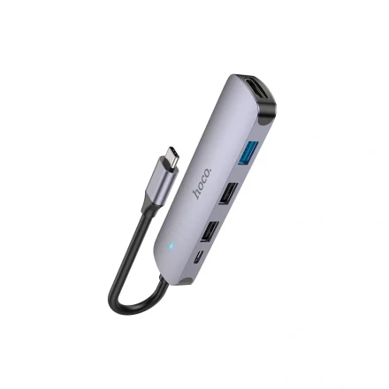 USB-концентратор HOCO HB27 5 Гнезд PD, USB3.0, 2USB2.0, HDMI, 4К серый