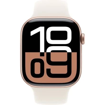 Apple Watch Series 10, 46 мм, корпус из алюминия цвета «розовое золото», спортивный ремешок цвета «сияющая звезда» S/M (MWX23)