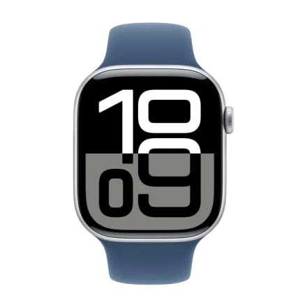 Apple Watch Series 10, 46 мм, корпус из алюминия серебристого цвета, спортивный ремешок цвета «синий деним» S/M