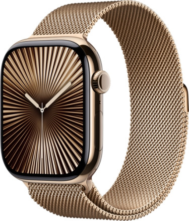 Apple Watch Series 10, 46 мм, корпус из титана цвета «титановый золотой», спортивный ремешок цвета «миланская петля» золотой M/L (MX003)