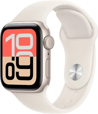 Умные часы  Apple Watch SE 3 2025, 40 мм, корпус из алюминия цвета «сияющая звезда», спортивный ремешок цвета «сияющая звезда», размер M/L (MEH54)