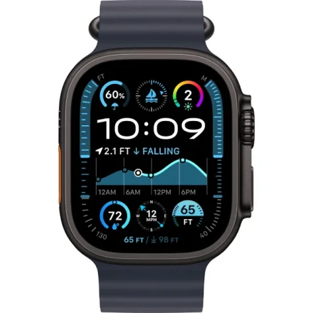 Apple Watch Ultra 2 (2024) GPS + Cellular, 49 мм, корпус из черного титана, ремешок Ocean (One Size) черного цвета MYTC3