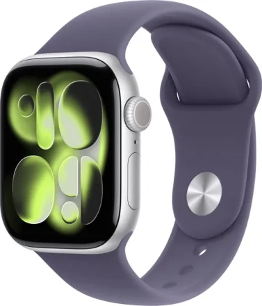 Apple Watch Series 11, 46 мм, корпус из алюминия цвета «серебристый», спортивный ремешок цвета «фиолетовый туман» M/L (MEVA4)