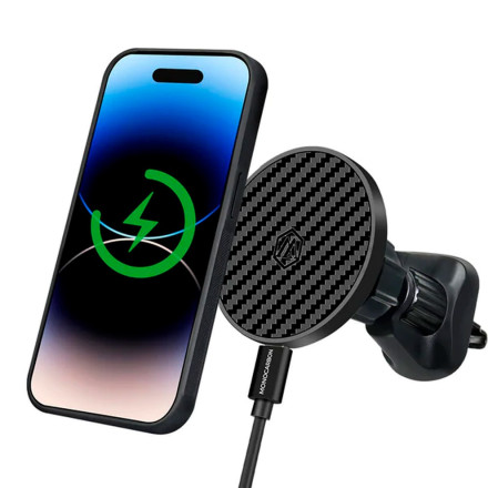 Автомобильный держатель c беспроводной зарядкой MONOCARBON Car mount + Car Charger 15W черный